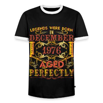 December 1976 - birthday 1976 legends were born. - Men's Ringer Shirt - black/white - Front - AI Model Female 172 light (172cm) & AI Model Male 178 light (178cm)