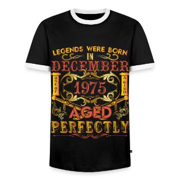 Dezember 1975 - Geburtstag 1975 wurden Legenden geboren. - Männer Kontrast-T-Shirt - Schwarz/Weiß - Vorne - AI Model Female 172 light (172cm) & AI Model Male 178 light (178cm)