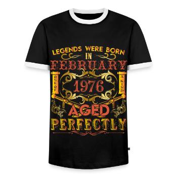 February 1976 - birthday 1976 legends were born. - Men's Ringer Shirt - black/white - Front - AI Model Female 172 light (172cm) & AI Model Male 178 light (178cm)
