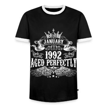 1992 | Januar 1992 Geburtstag Perfekt gealtert - Männer Kontrast-T-Shirt - Schwarz/Weiß - Vorne - AI Model Female 172 light (172cm) & AI Model Male 178 light (178cm)