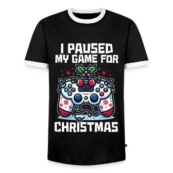 Game on Break for Christmas Gift Humor Geek - Men's Ringer Shirt - black/white - Front - AI Model Female 172 light (172cm) & AI Model Male 178 light (178cm)