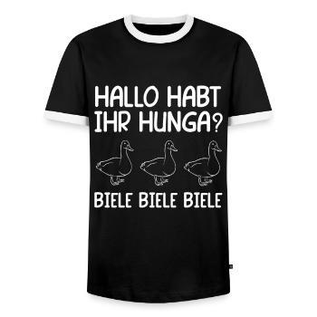Hallo Habt Ihr Hunger? Biele Biele Biele Enten - Männer Kontrast-T-Shirt - Schwarz/Weiß - Vorne - AI Model Female 172 light (172cm) & AI Model Male 178 light (178cm)