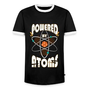 Powered by Atoms Funny Sayings Physics Gift - Men's Ringer Shirt - black/white - Front - AI Model Female 172 light (172cm) & AI Model Male 178 light (178cm)