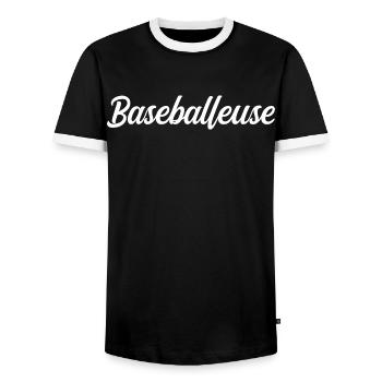 Baseball player - Men's Ringer Shirt - black/white - Front - AI Model Female 172 light (172cm) & AI Model Male 178 light (178cm)