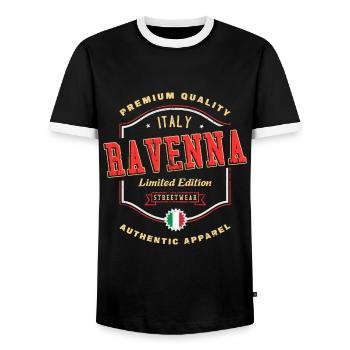 Ravenna Italy City Font Vintage Retro - Men's Ringer Shirt - black/white - Front - AI Model Female 172 light (172cm) & AI Model Male 178 light (178cm)