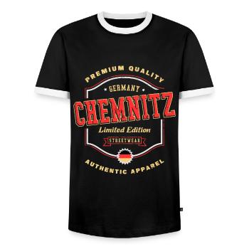 Chemnitz Germany City Font Vintage Retro - Men's Ringer Shirt - black/white - Front - AI Model Female 172 light (172cm) & AI Model Male 178 light (178cm)