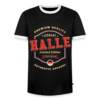 Halle Deutschland Stadt Schrift Vintage Retro - Männer Kontrast-T-Shirt - Schwarz/Weiß - Vorne - AI Model Female 172 light (172cm) & AI Model Male 178 light (178cm)