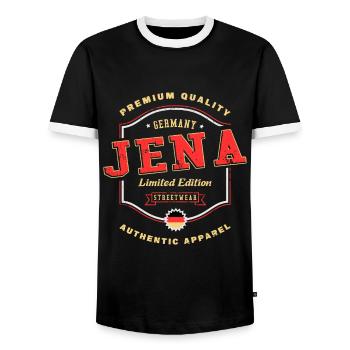 Jena Germany City Font Vintage Retro - Men's Ringer Shirt - black/white - Front - AI Model Female 172 light (172cm) & AI Model Male 178 light (178cm)