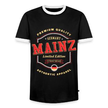 Mainz Germany City Font Vintage Retro - Men's Ringer Shirt - black/white - Front - AI Model Female 172 light (172cm) & AI Model Male 178 light (178cm)