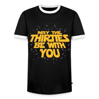 may the thirties be with you - 30. Geburtstag - Men's Ringer Shirt - black/white - Front - AI Model Female 172 light (172cm) & AI Model Male 178 light (178cm)