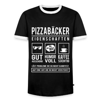 Pizzabäcker Eigenschaften Pizzeria Lustig Pizza - Männer Kontrast-T-Shirt - Schwarz/Weiß - Vorne - AI Model Female 172 light (172cm) & AI Model Male 178 light (178cm)