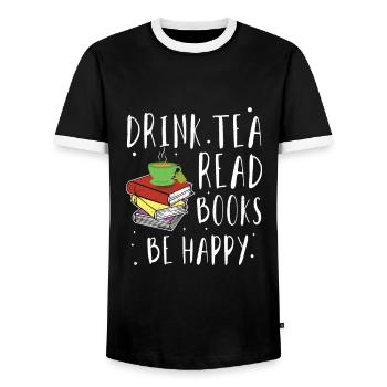Drink Tea Read Book Reading Bookworm Book Lover - Men's Ringer Shirt - black/white - Front - AI Model Female 172 light (172cm) & AI Model Male 178 light (178cm)