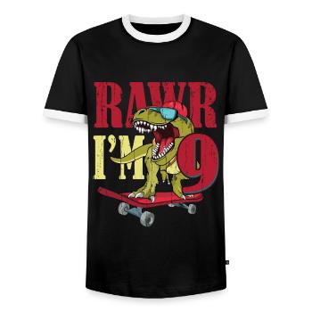 Birth Born Age 9 Years Old Dinosaur Skateboard - Men's Ringer Shirt - black/white - Front - AI Model Female 172 light (172cm) & AI Model Male 178 light (178cm)