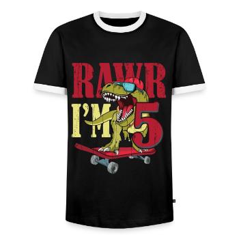 Birth Born Age 5 Years Old Dinosaur Skateboard - Men's Ringer Shirt - black/white - Front - AI Model Female 172 light (172cm) & AI Model Male 178 light (178cm)