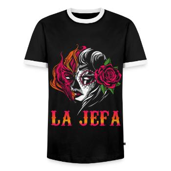 Jefa Halloween Rose Sugar Skull Muertos Dead - Men's Ringer Shirt - black/white - Front - AI Model Female 172 light (172cm) & AI Model Male 178 light (178cm)