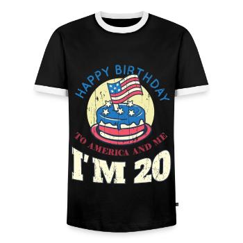 US America Flag Cake Birth Age 20 USA 4th Of July - Männer Kontrast-T-Shirt - Schwarz/Weiß - Vorne - AI Model Female 172 light (172cm) & AI Model Male 178 light (178cm)