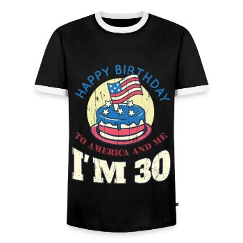 US America Flag Cake Naissance Age 30 USA 4 juillet - T-shirt contrasté Homme - noir/blanc - Devant - AI Model Female 172 light (172cm) & AI Model Male 178 light (178cm)