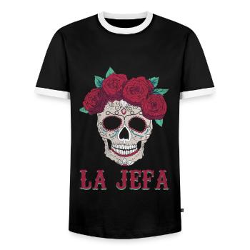 Jefa Rose Sugar Muertos Day Dead Halloween - Men's Ringer Shirt - black/white - Front - AI Model Female 172 light (172cm) & AI Model Male 178 light (178cm)