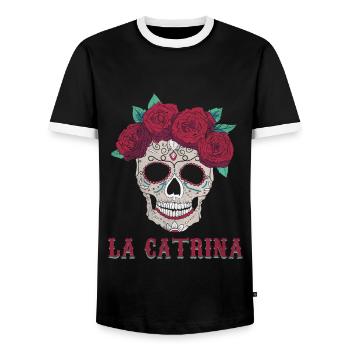 Rose Sugar Muertos Day Dead Halloween - Men's Ringer Shirt - black/white - Front - AI Model Female 172 light (172cm) & AI Model Male 178 light (178cm)