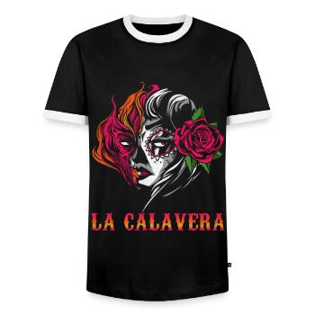 Bone Halloween Rose Sugar Muertos Day Dead - Men's Ringer Shirt - black/white - Front - AI Model Female 172 light (172cm) & AI Model Male 178 light (178cm)