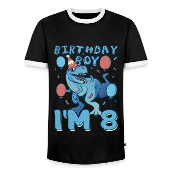 Boy Age 8 Year Old Cute Birth Born Roar Dinosaur - Men's Ringer Shirt - black/white - Front - AI Model Female 172 light (172cm) & AI Model Male 178 light (178cm)