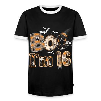 Halloween Pattern Ghost Creatures Birth Age 16 - Men's Ringer Shirt - black/white - Front - AI Model Female 172 light (172cm) & AI Model Male 178 light (178cm)