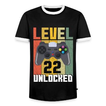 Vintage Gamer Video Game Lover Age 22 Unlocked - Men's Ringer Shirt - black/white - Front - AI Model Female 172 light (172cm) & AI Model Male 178 light (178cm)