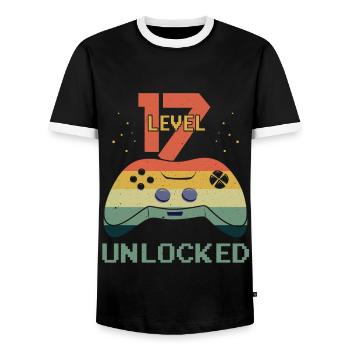 Vintage Video Game Lover Age 17 Level Unlocked - Men's Ringer Shirt - black/white - Front - AI Model Female 172 light (172cm) & AI Model Male 178 light (178cm)
