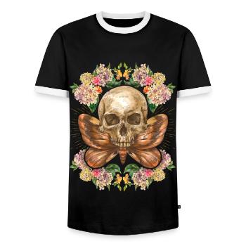 Skull Skull Skull with Moth Hydrangeas - Men's Ringer Shirt - black/white - Front - AI Model Female 172 light (172cm) & AI Model Male 178 light (178cm)