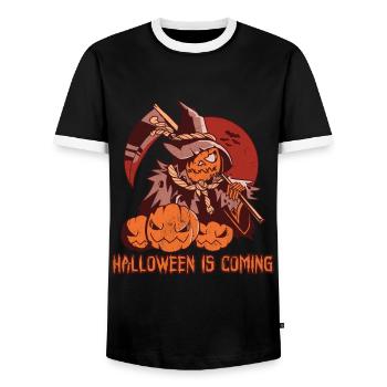 Horror Scythe Witch Pumpkin Coming Halloween - Men's Ringer Shirt - black/white - Front - AI Model Female 172 light (172cm) & AI Model Male 178 light (178cm)