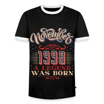 1998 anniversaire, novembre-1998, 11-1998 anniversaire - T-shirt contrasté Homme - noir/blanc - Devant - AI Model Female 172 light (172cm) & AI Model Male 178 light (178cm)