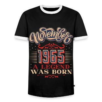 1965, birthday, November 1965, 11.1965, 11-1965 - Men's Ringer Shirt - black/white - Front - AI Model Female 172 light (172cm) & AI Model Male 178 light (178cm)