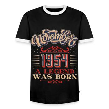 1954, birthday, November 1954, 11.1954, 11-1954 - Men's Ringer Shirt - black/white - Front - AI Model Female 172 light (172cm) & AI Model Male 178 light (178cm)