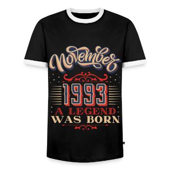 1993, birthday, November 1993, 11.1993, 11-1993 - Men's Ringer Shirt - black/white - Front - AI Model Female 172 light (172cm) & AI Model Male 178 light (178cm)