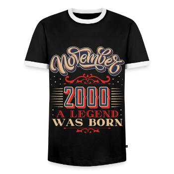 2000e anniversaire, novembre-2000, 11-2000 - T-shirt contrasté Homme - noir/blanc - Devant - AI Model Female 172 light (172cm) & AI Model Male 178 light (178cm)