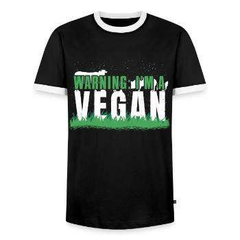 Farm Animals Vegetable Vegetarian Warning Vegan - Men's Ringer Shirt - black/white - Front - AI Model Female 172 light (172cm) & AI Model Male 178 light (178cm)