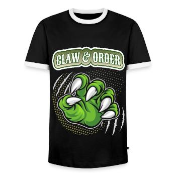 Claw, dinosaur claw funny saying, pun - Men's Ringer Shirt - black/white - Front - AI Model Female 172 light (172cm) & AI Model Male 178 light (178cm)