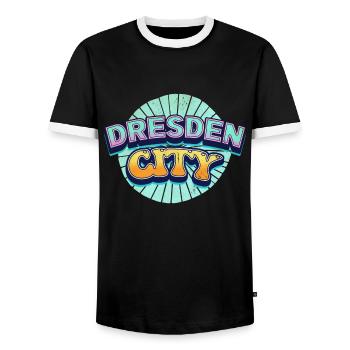 Dresden Germany City Font Pop Art Comic - Men's Ringer Shirt - black/white - Front - AI Model Female 172 light (172cm) & AI Model Male 178 light (178cm)