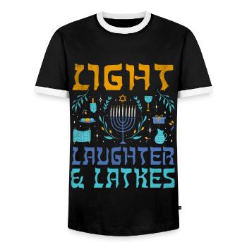 Light Latkes Jewish Christmas Jew Hanukkah Pattern - Men's Ringer Shirt - black/white - Front - AI Model Female 172 light (172cm) & AI Model Male 178 light (178cm)