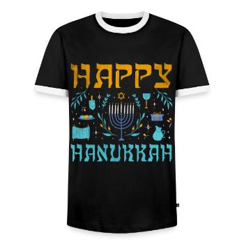Jewish Christmas Happy Hanukkah Pattern - Men's Ringer Shirt - black/white - Front - AI Model Female 172 light (172cm) & AI Model Male 178 light (178cm)