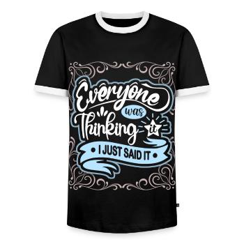 Saying, mind reading, vintage style typography - Men's Ringer Shirt - black/white - Front - AI Model Female 172 light (172cm) & AI Model Male 178 light (178cm)