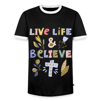 Christian Faith, Jesus Christ, Proverb - Men's Ringer Shirt - black/white - Front - AI Model Female 172 light (172cm) & AI Model Male 178 light (178cm)
