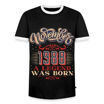 1988, birthday, November 1988, 11.1988, 11-1988 - Men's Ringer Shirt - black/white - Front - AI Model Female 172 light (172cm) & AI Model Male 178 light (178cm)