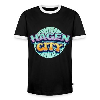 Hagen Germany City Font Pop Art Comic - Men's Ringer Shirt - black/white - Front - AI Model Female 172 light (172cm) & AI Model Male 178 light (178cm)