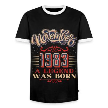 1983, birthday, November 1983, 11.1983, 11-1983 - Men's Ringer Shirt - black/white - Front - AI Model Female 172 light (172cm) & AI Model Male 178 light (178cm)