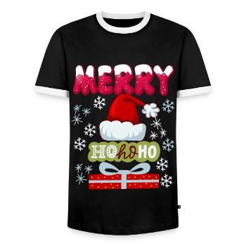 Santa Claus, Cap, HoHoHo and Gifts Saying - Men's Ringer Shirt - black/white - Front - AI Model Female 172 light (172cm) & AI Model Male 178 light (178cm)