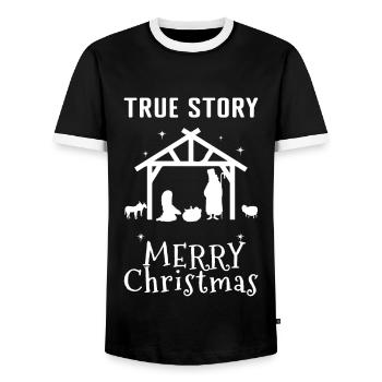 Wahre Weihnachten Dezember 2022 Happy Birth Jesus - Männer Kontrast-T-Shirt - Schwarz/Weiß - Vorne - AI Model Female 172 light (172cm) & AI Model Male 178 light (178cm)