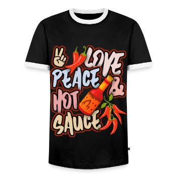 Pepperoni, sauce piquante au poivre, paix et amour - T-shirt contrasté Homme - noir/blanc - Devant - AI Model Female 172 light (172cm) & AI Model Male 178 light (178cm)