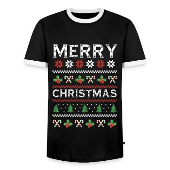 Snow Ugly Merry December Holiday Ugly Christmas - Men's Ringer Shirt - black/white - Front - AI Model Female 172 light (172cm) & AI Model Male 178 light (178cm)