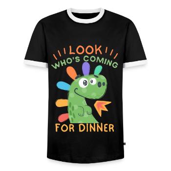 Funny Dinosaur Invitation to Dinner - Men's Ringer Shirt - black/white - Front - AI Model Female 172 light (172cm) & AI Model Male 178 light (178cm)